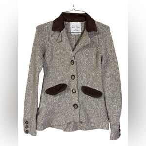 Dark Academia Button Down Wool Blend Sweater Jacket with Brown Corduroy Accents